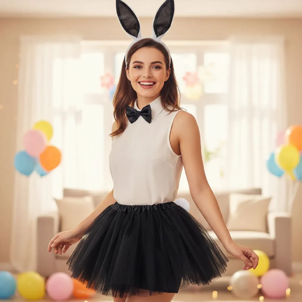 Fantasia De Coelhinha Infantil C/ Tiara Orelha Coelho Gravata Rabinho E Saia - 4 Pçs