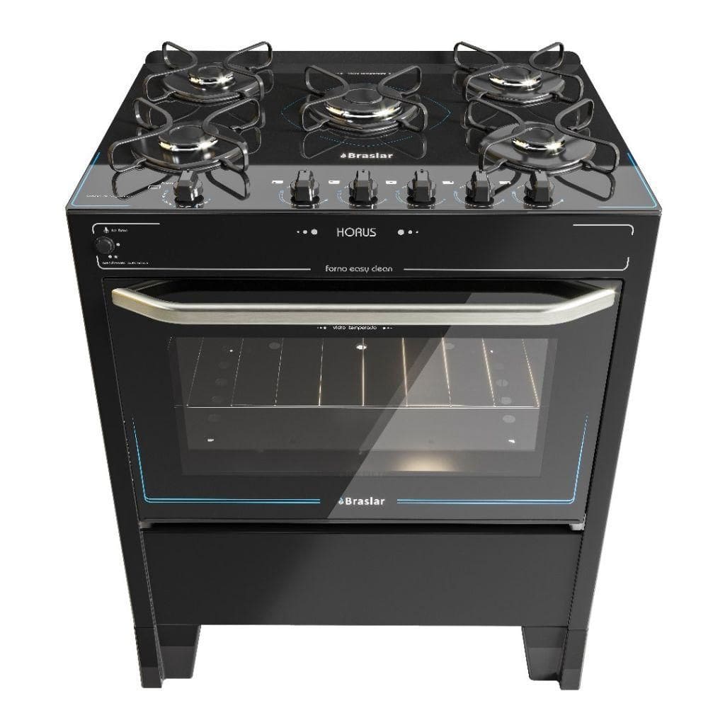Fogão 5 Bocas Braslar Automático Mesa de Vidro Horus Top Control Preto