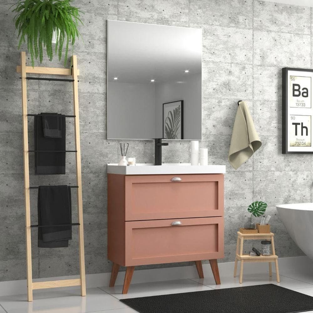 Gabinete Para Banheiro Com Cuba E Espelho Redondo 80cm Retro Mdf Grafite Milano - On Móveis