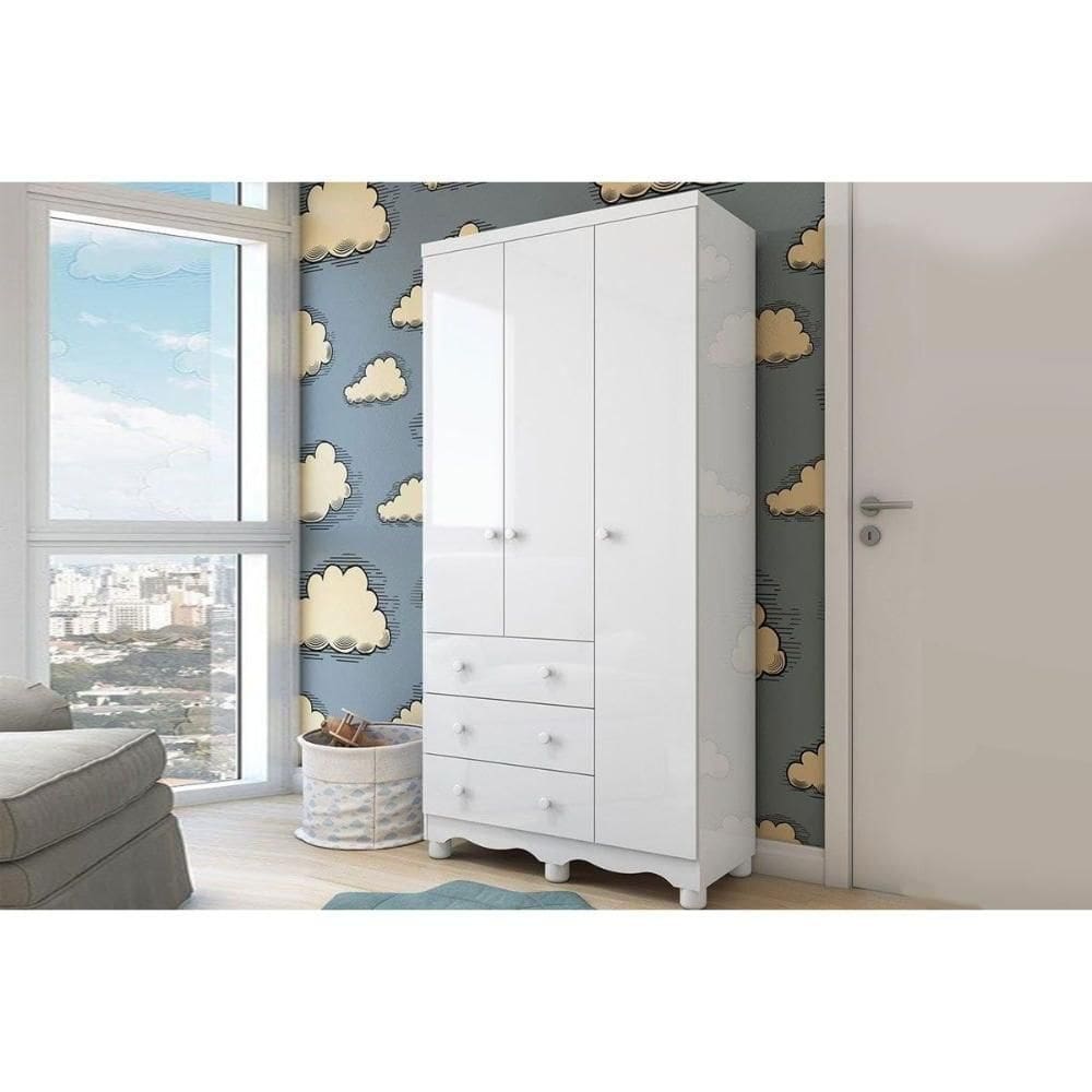 Guarda Roupa Infantil C/ 3 Portas E 3 Gavetas Júnior Branco - Peroba