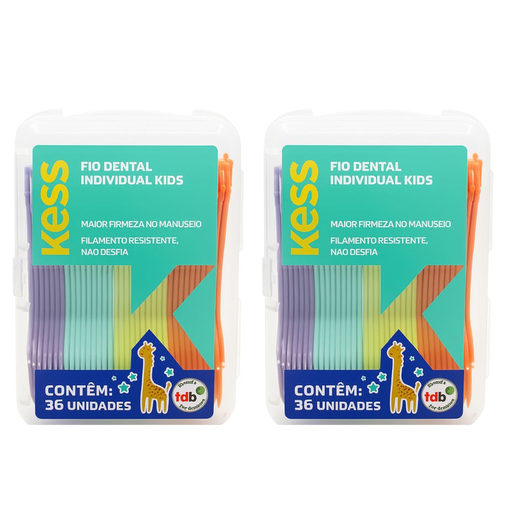 Kit 2 Fio Dental Infantil Individual Kess 36 Unidades Cada Colorido
