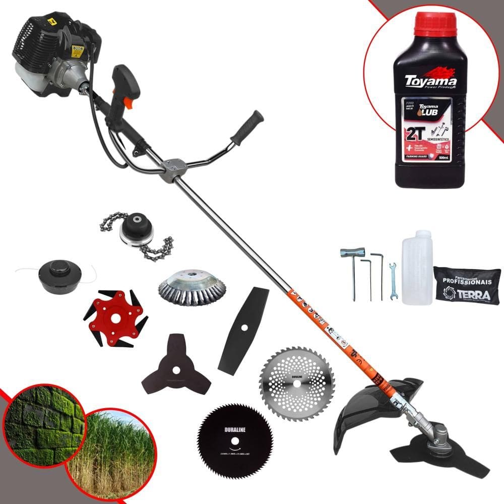 Roçadeira Terra GRH430 43cc 1,7HP Com Carretel + Lâminas 2 Pontas, 3 Pontas, 6 Pontas, 40 Dentes, 80 Dentes, Trimmer e Escova de Aço + ÓLEO TOYAMA