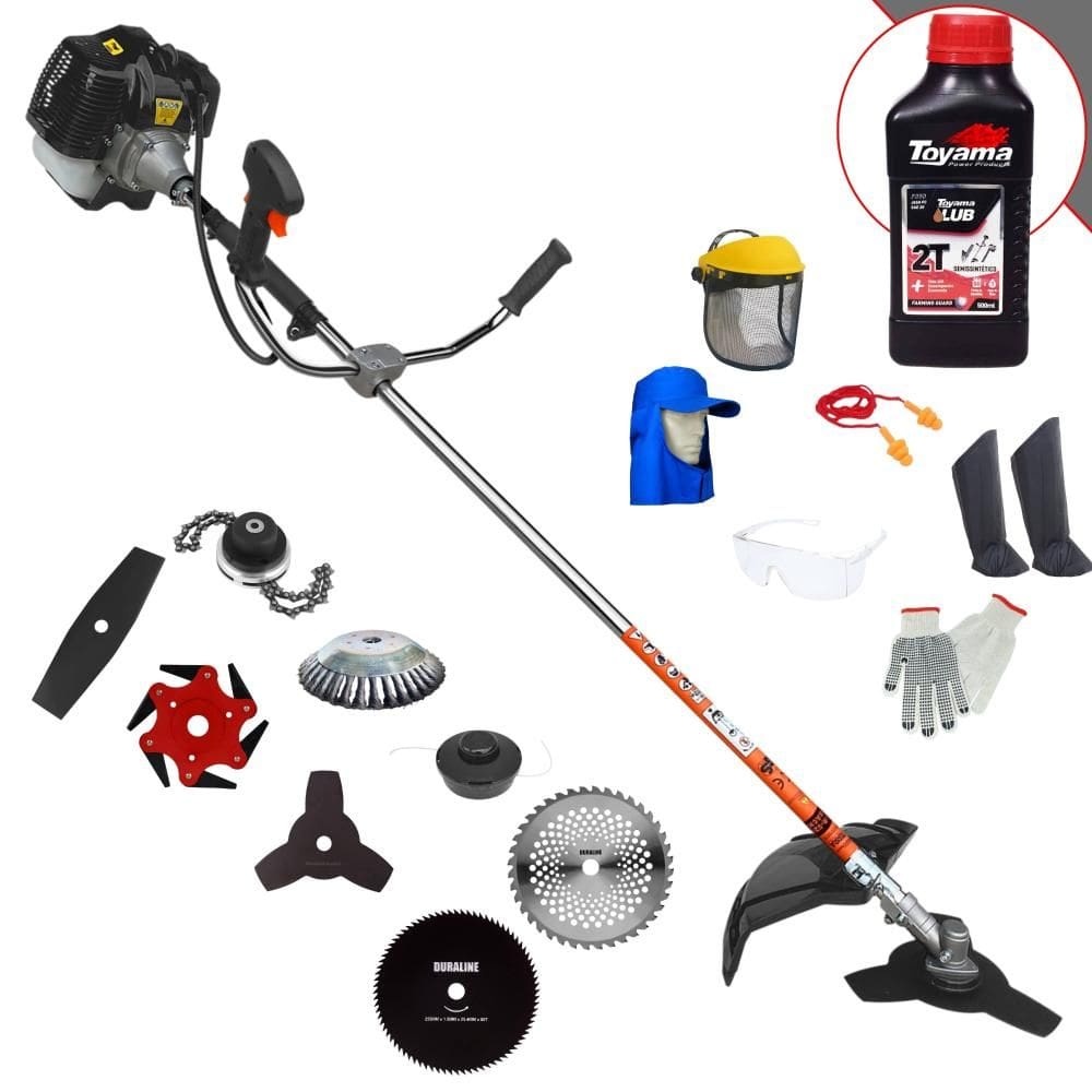 Roçadeira Terra GRH-430 1,7HP 43cc + Facas 2 Pontas, 3 Pontas, 6 Pontas, 40 Dentes Vídea, 80 Dentes, Trimmer, Carretel e Escova + EPI + ÓLEO TOYAMA 2T