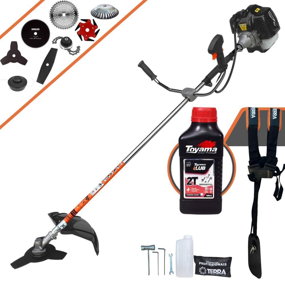 Roçadeira Multifuncional Terra GRH430 À Gasolina 2T 43cc 1,7HP de Potência Alta Rotação Com Carretel de Nylon + Kit 7 Lâminas Extras + ÓLEO TOYAMA