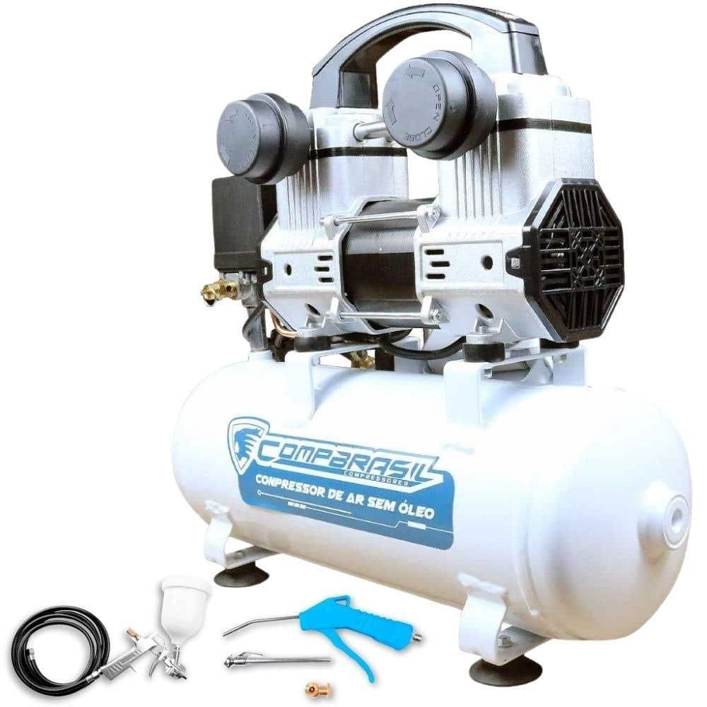 Compressor Silencioso sem Óleo 8L 1,5HP COMPBRASIL com Kit para Compressor 6 Peças FERRARI