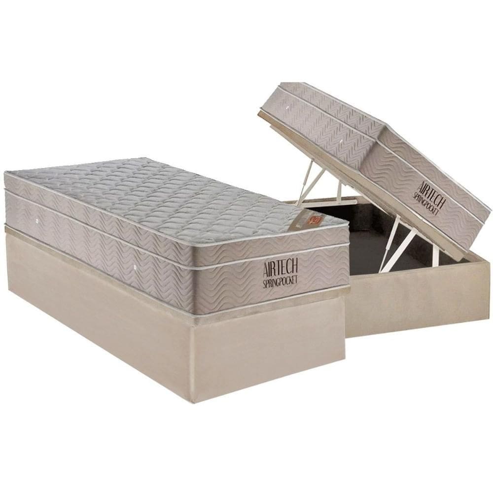 Cama Box Baú Solteiro: Colchão Molas Molas Ensacadas Ensacadas Ortobom Ortobom Fort Airtech + Base CRC Suede Clean (88x188)