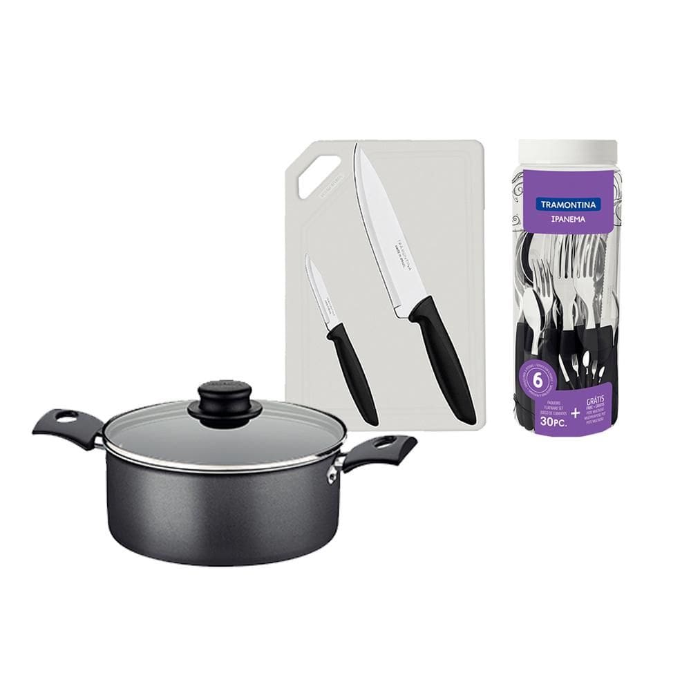 Caçarola Turim Alumínio grafite Antiaderente 2,0l + Faqueiro Ipanema 30pc + Tábua e Facas - Tramontina