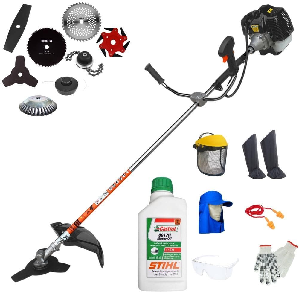 Roçadeira Terra GRH430 1,7HP 43cc + Facas 2 Pontas, 3 Pontas, 6 Pontas, 40 Dentes Vídea, 80 Dentes, Trimmer, Carretel e Escova + EPI + ÓLEO STIHL 2T