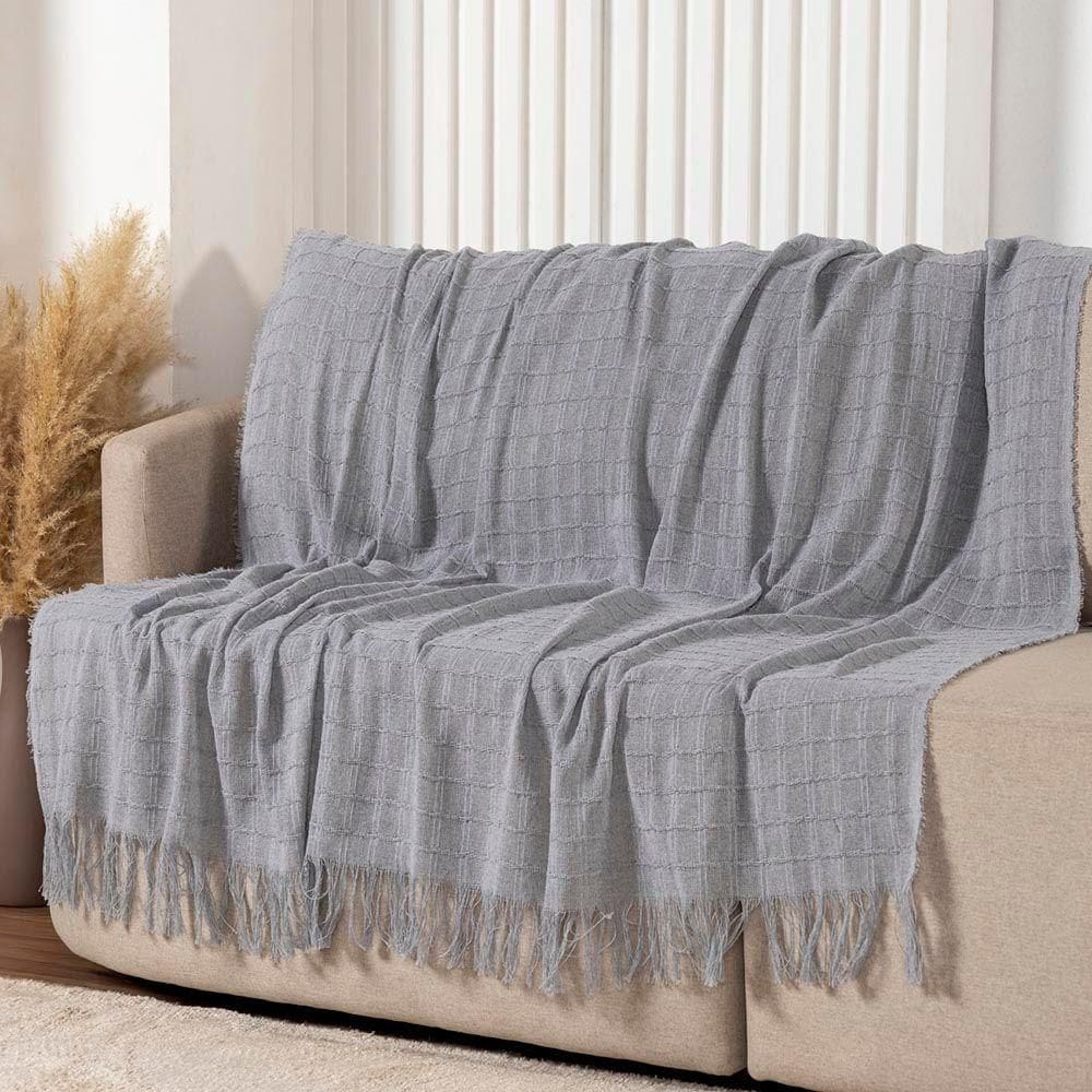 Manta Xale Rubi 1,70m X 1,40m Com Franja Para Sofá Cama 100% Algodão 01 Peça - Cinza