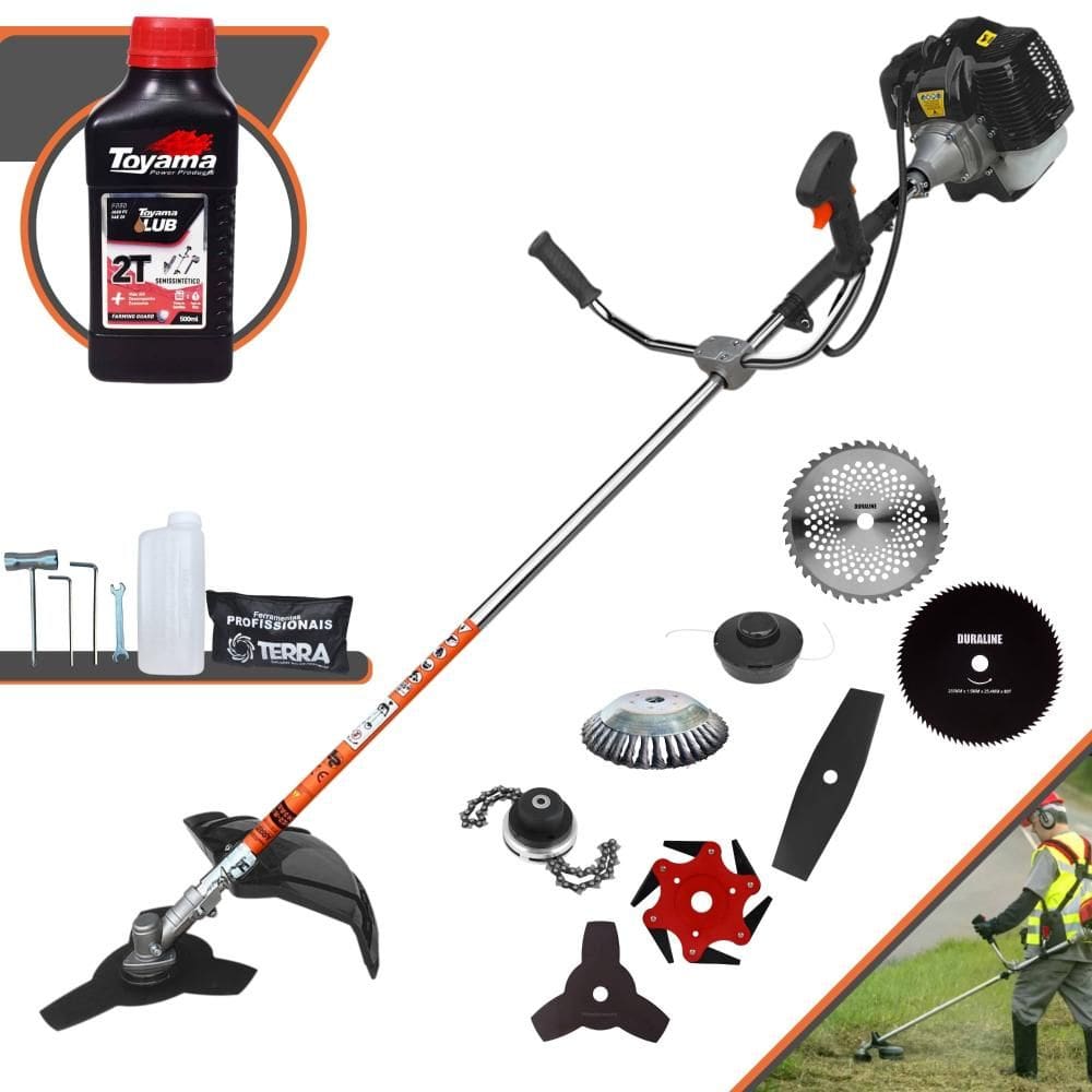 Podador de Grama Terra GRH430 43cc + Facas 2 Pontas, 3 Pontas, 6 Pontas, 40 Dentes Vídea, 80 Dentes, Trimmer, Carretel, Escova de Aço + ÓLEO TOYAMA 2T