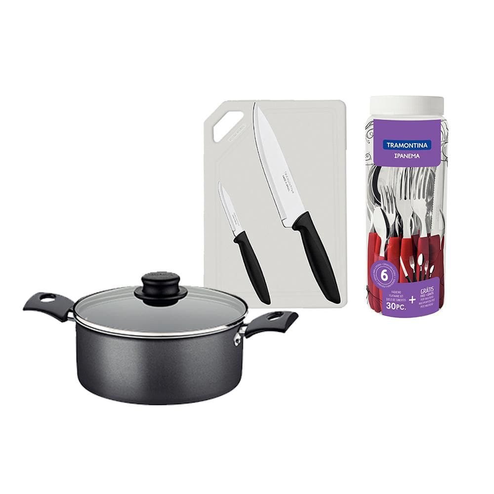 Caçarola Turim Alumínio grafite Antiaderente 2,0l + Faqueiro Ipanema 30pc + Tábua e Facas - Tramontina