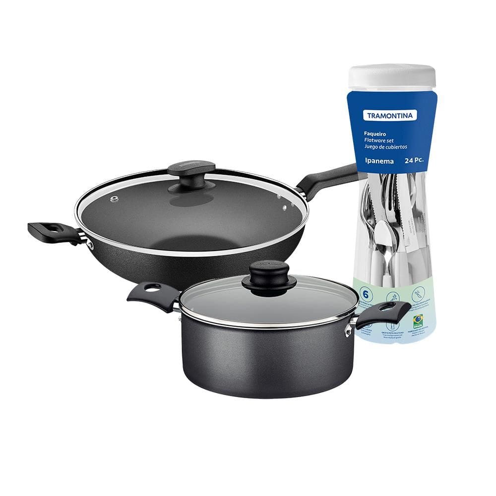 Caçarola Turim Alumínio grafite Antiaderente 2,8l + Faqueiro Ipanema Branco 24pc + Wok Loreto 3,3l