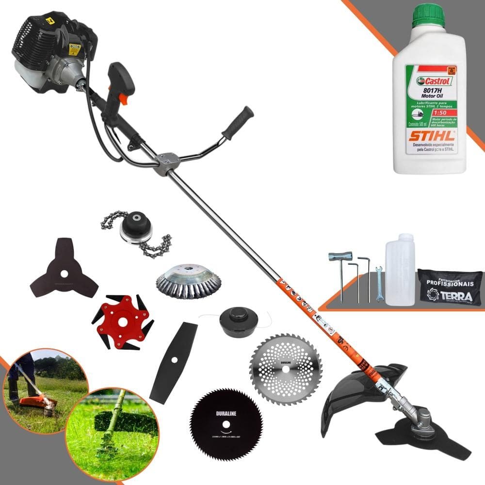Roçadeira Terra GRH430 43cc Com Carretel + Facas 2 Pontas, 3 Pontas, 6 Pontas, 40 Dentes de Vídea, 80 Dentes, Trimmer, Escova de Aço + ÓLEO STIHL 2T