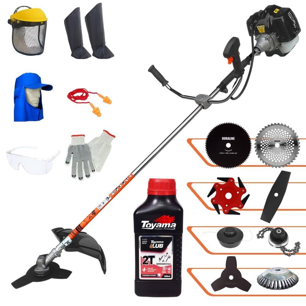 Roçadeira GRH430 Terra 43cc Com Carretel Nylon + Facas 2 Pontas, 3 Pontas, 6 Pontas, 40 Dentes, 80 Dentes, Trimmer e Escova de Aço + EPI + ÓLEO TOYAMA