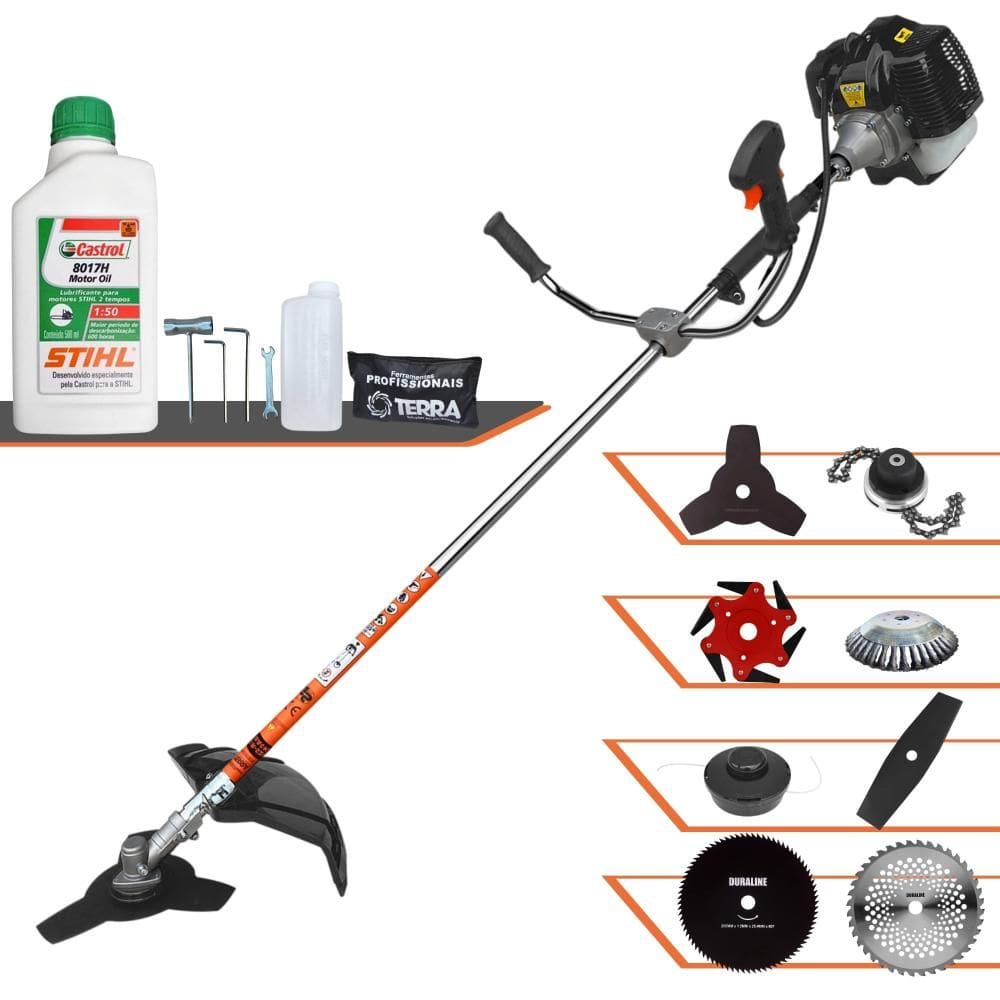 Roçadeira Terra GRH430 À Gasolina 2T 43cc 1,7HP de Potência Alta Rotação Com Carretel de Nylon + Kit 7 Opções de Cortes + ÓLEO STIHL