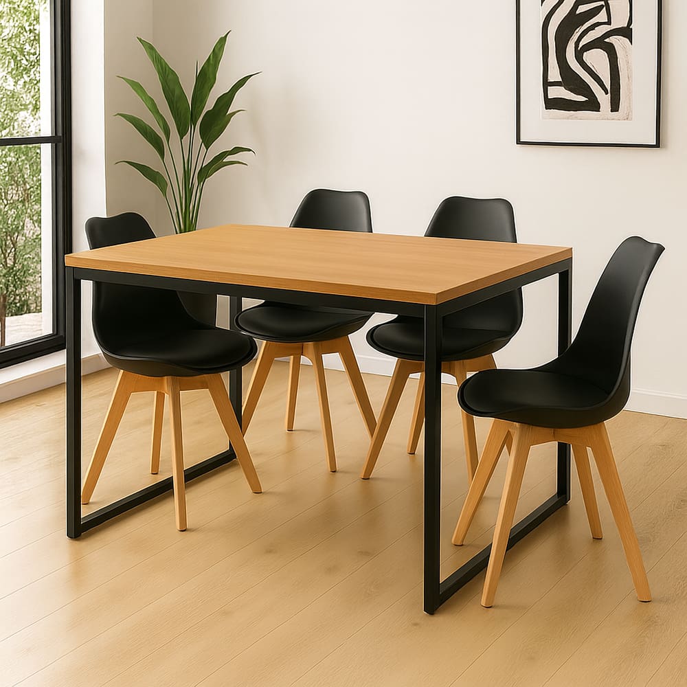 Conjunto Mesa de Jantar Industrial 120cm Tampo Amadeirado com 4 Cadeiras Pretas Pés de Madeira