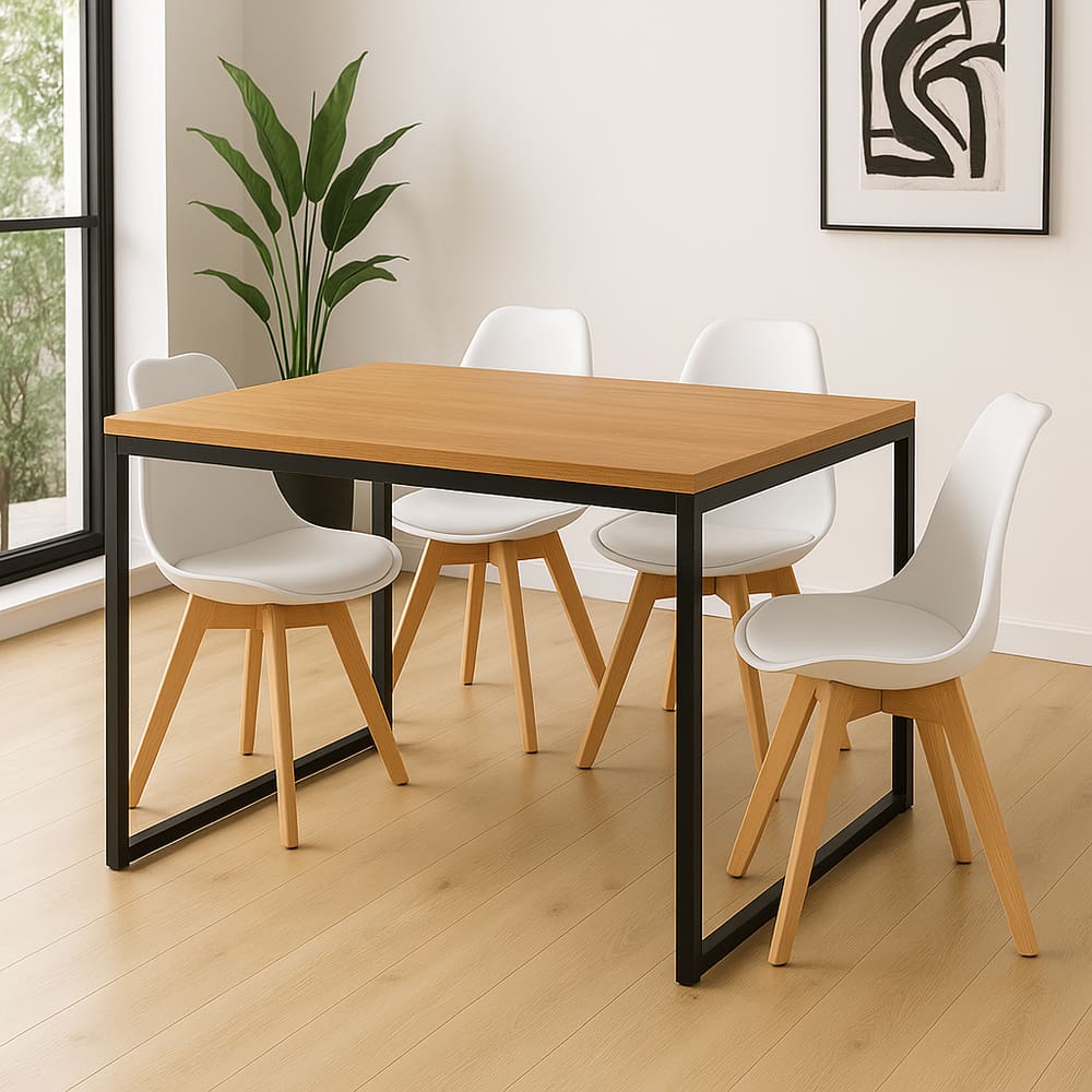 Conjunto Mesa de Jantar 4 Cadeiras – Mesa Retangular Madeira com Pés de Ferro e Cadeiras Brancas Estofadas Leda