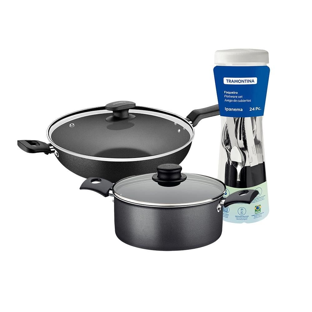 Caçarola Turim Alumínio grafite Antiaderente 2,8L + Faqueiro Ipanema 24pc + Wok Loreto 3,3L