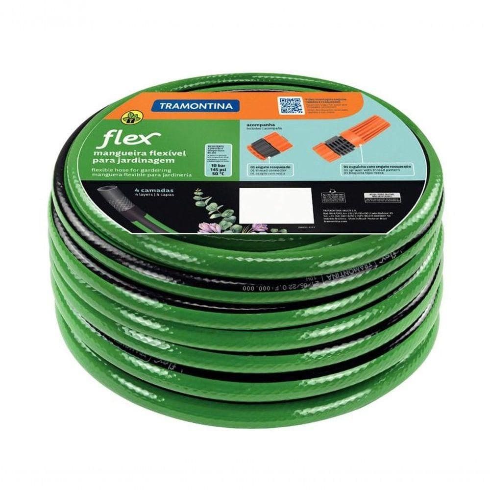 Mangueira Flex Para Jardim Tramontina Em Pvc Verde Com Faixa Preta 4 Camadas 30m Engate Rosqueado E Esguicho