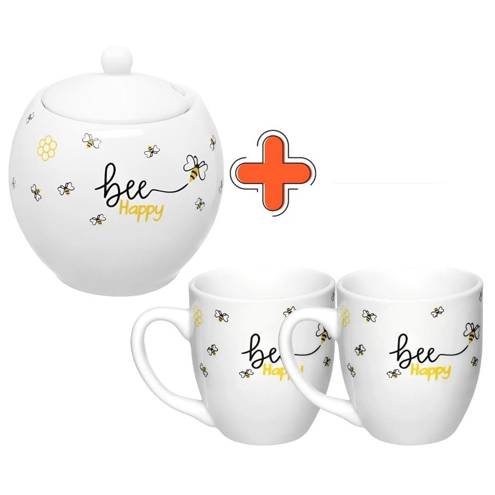 Kit Abelhinha Bee Happy Açucareiro com Colher 350ml e 2 Canecas 300ml em Porcelana Branca