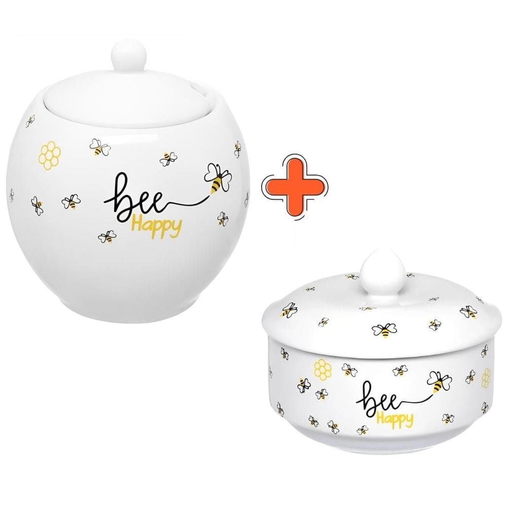 Kit Abelhinha Bee Happy Açucareiro com Colher 350ml  e Manteigueira 10cm em Porcelana Branca