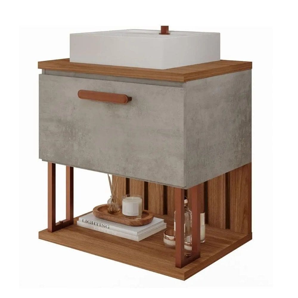 Armário De Banheiro 60cm Mdf Com Cuba Porta E Nicho Cimento