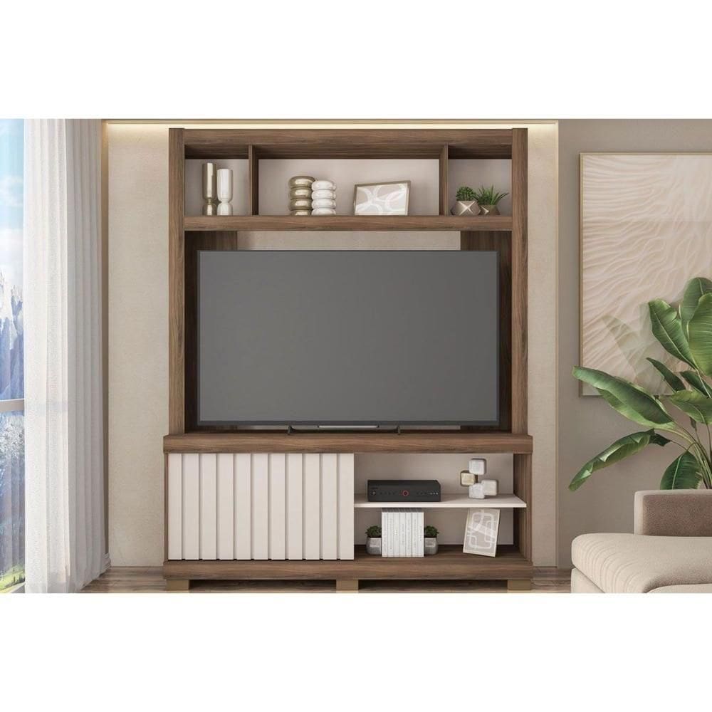Rack Bancada C/ Painel P/ Tv Até 65 Pol Cinne Ripado Pés 160x203cm Nogueira San Remo/off White - Caemmun
