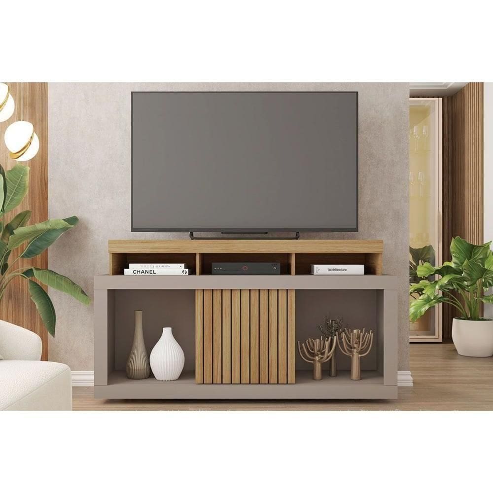 Rack Bancada P/ Tv Até 55 Pol Dragon C/ Nicho E Rodízios 136cm Buriti/fendi - Caemmun