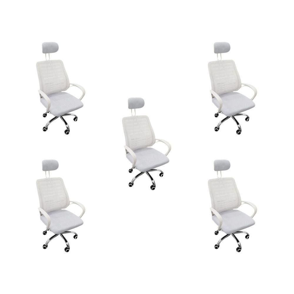 Kit 5 Cadeiras Escritório Diretor Tela Mesh Com Encosto De Cabeça Branco