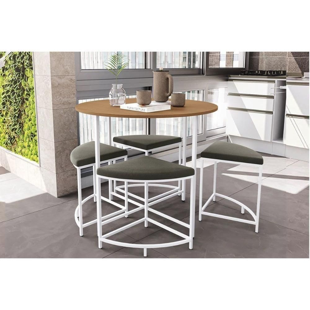 Mesa De Sala Jantar Li038 C/ Tampo Madeirado 90 Cm + 4 Banquetas Canela/branco - Kappesberg