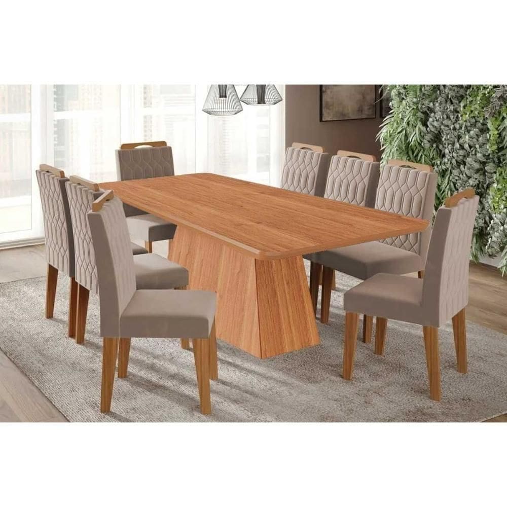 Sala De Jantar Completa Helena Tampo Madeirado 210x100cm E 8 Cadeiras Paola Cinamomo - Carvalho/linho Bege - Cimol