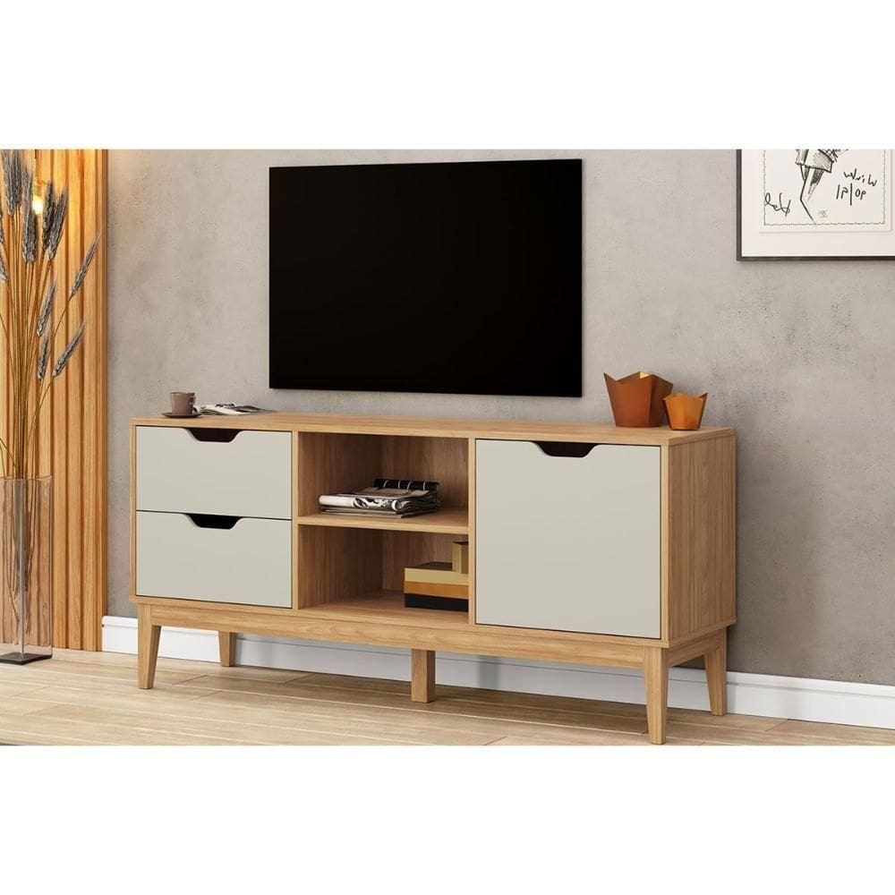 Rack Bancada P/ Tv Até 55 Pol Mb 1096 C/ 2 Gavetas 136cm Mel/off White - Movelbento