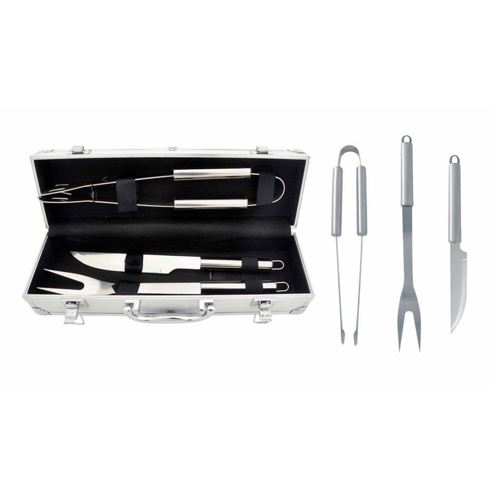 Kit Churrasco 3 Peças Garfo Faca E Pegador Inox Com Maleta