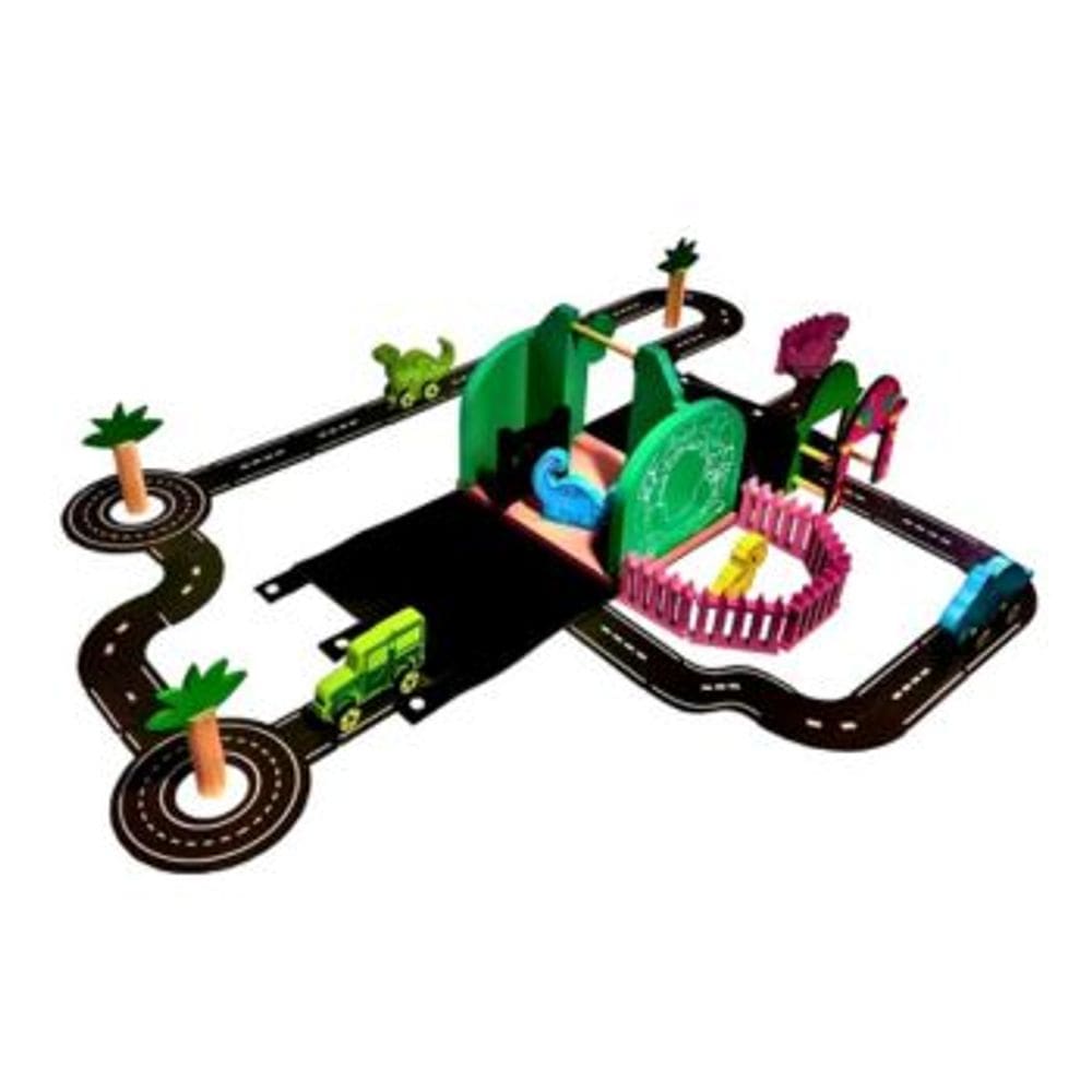Portal Jurassico Brinqmutti Parque Dinossauros com Pista e Acessorios Brinquedo Madeira Recreativo