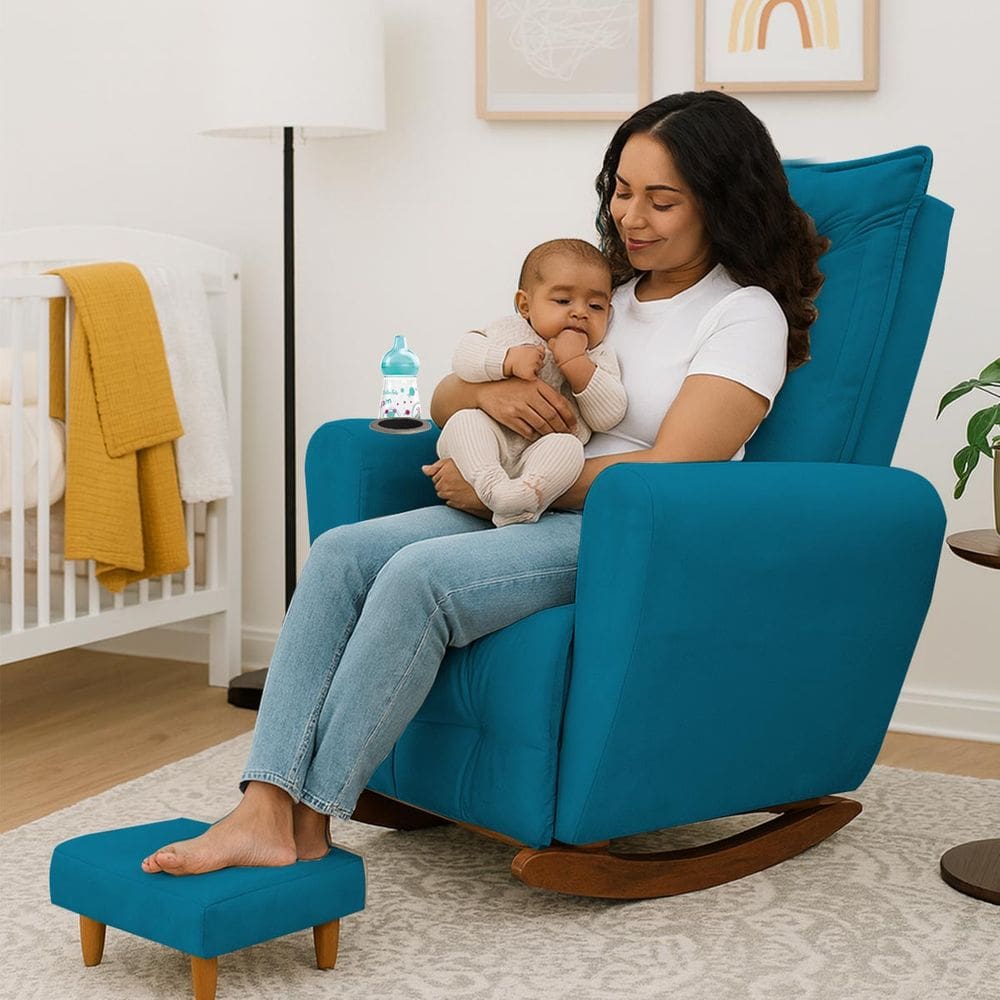 Poltrona Cadeira de Amamentação Balanço e Puff Ternura Turquesa