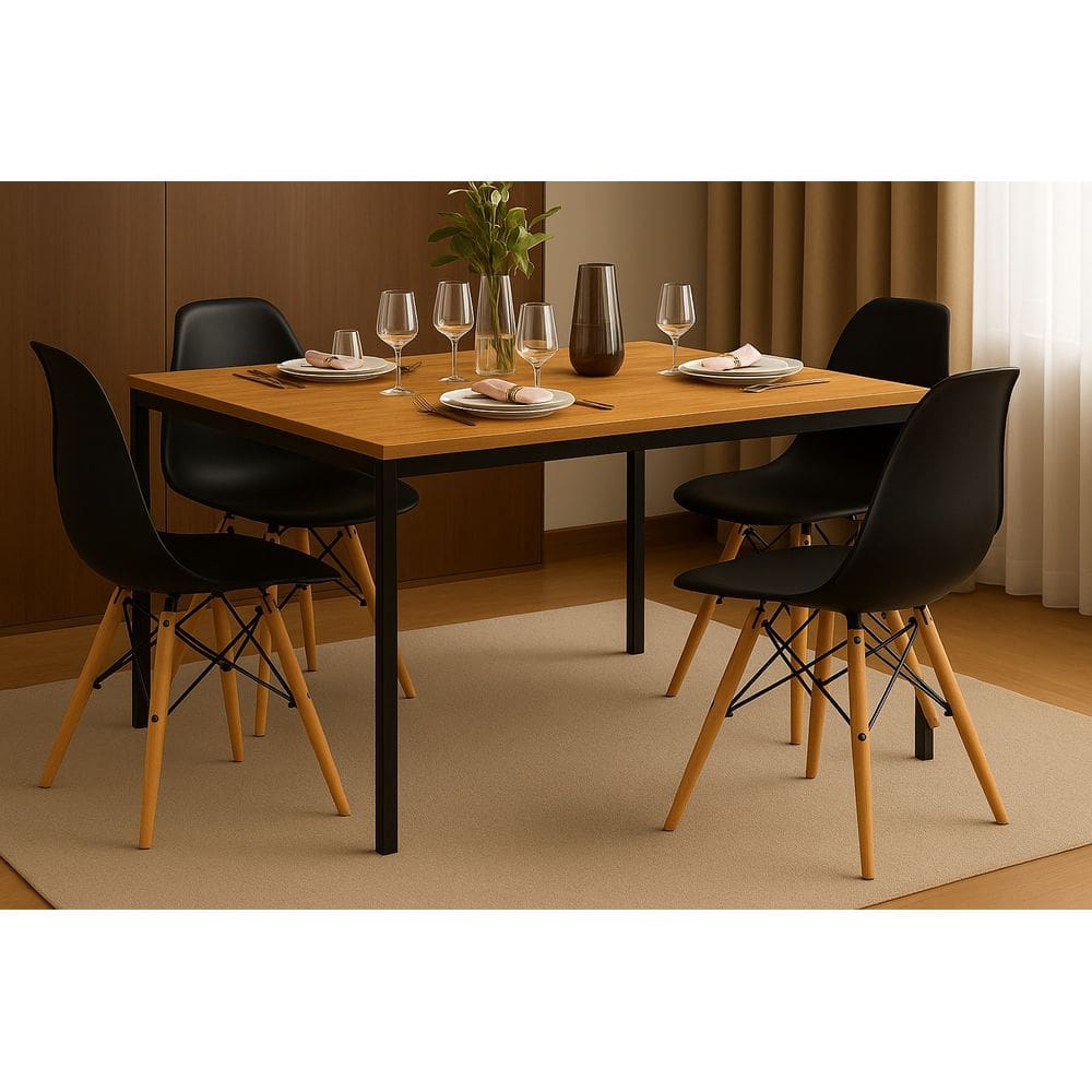 Conjunto de Mesa de Jantar Retangular 120x80cm com 4 Cadeiras Pretas Modernas – Design Sofisticado e Confortável