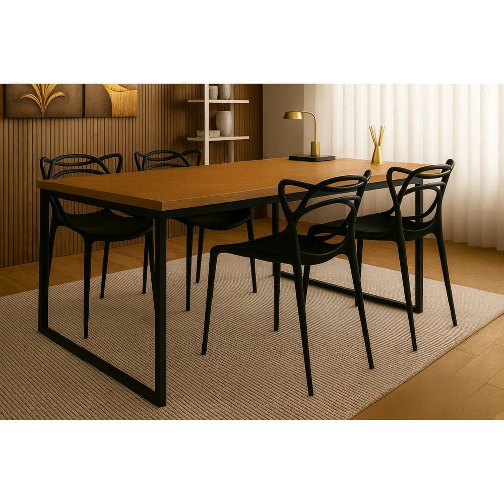 Mesa de Jantar Industrial 120x80cm Tampo Freijó com 4 Cadeiras Allegra Pretas - Conjunto Sala de Jantar Moderno