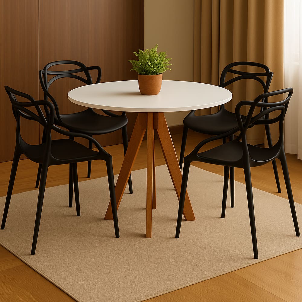Conjunto Mesa de Jantar 4 Lugares Redonda com Cadeiras Pretas Allegra – Design Moderno