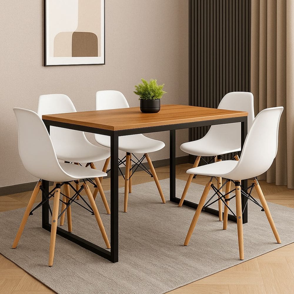 Conjunto Mesa de Jantar Retangular Madeira 120x80cm + 4 Cadeiras Brancas Eames Pés de Madeira