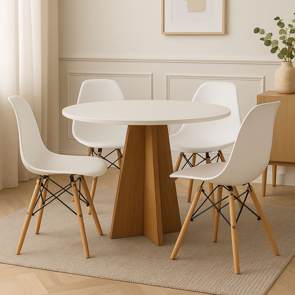 Conjunto Mesa Redonda Branca 90cm 4 Cadeiras Eames Pés Madeira Sala Jantar Cozinha Moderna