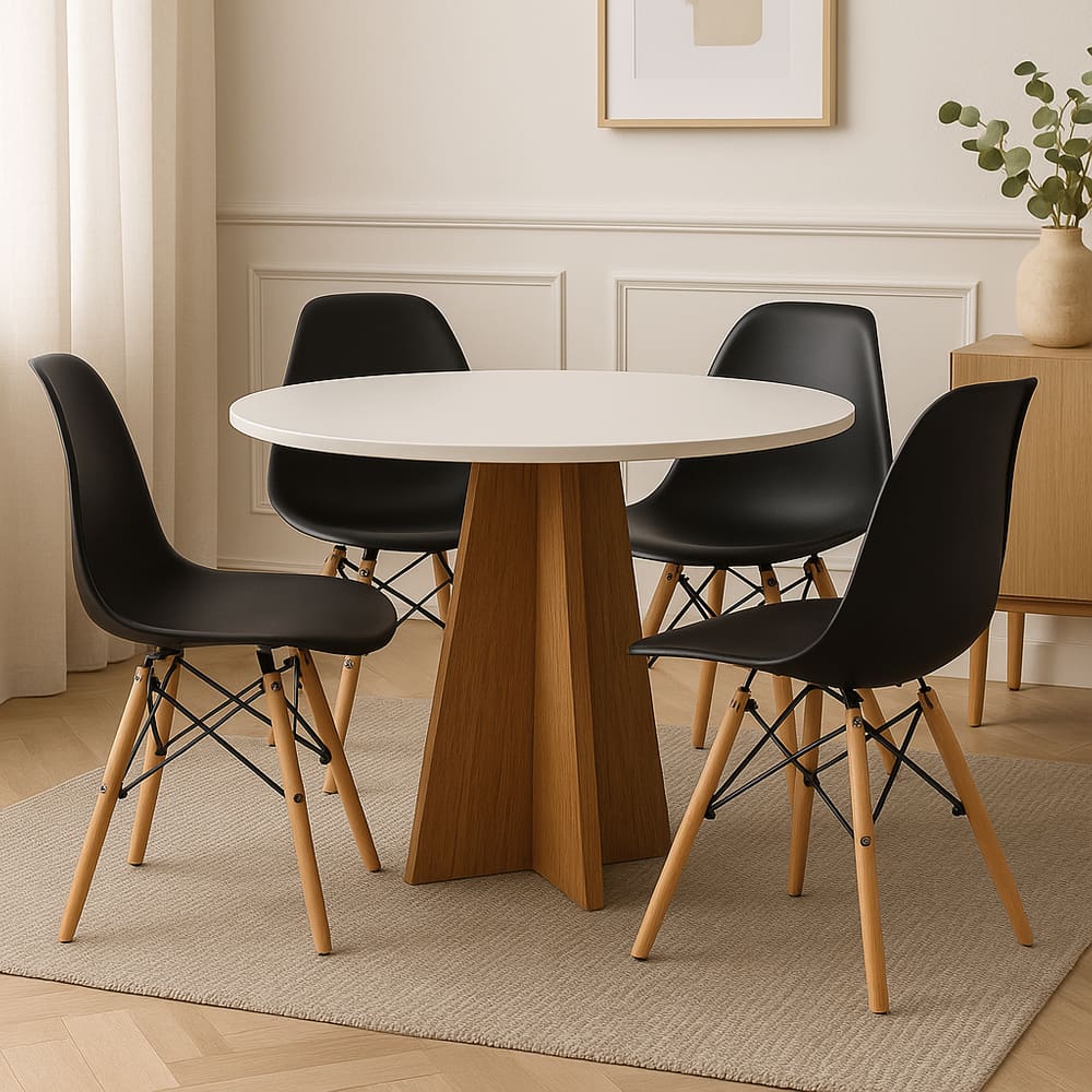 Conjunto Mesa Redonda Branca 90cm + 4 Cadeiras Eames Pretas Pés Madeira Sala Jantar Cozinha Moderna