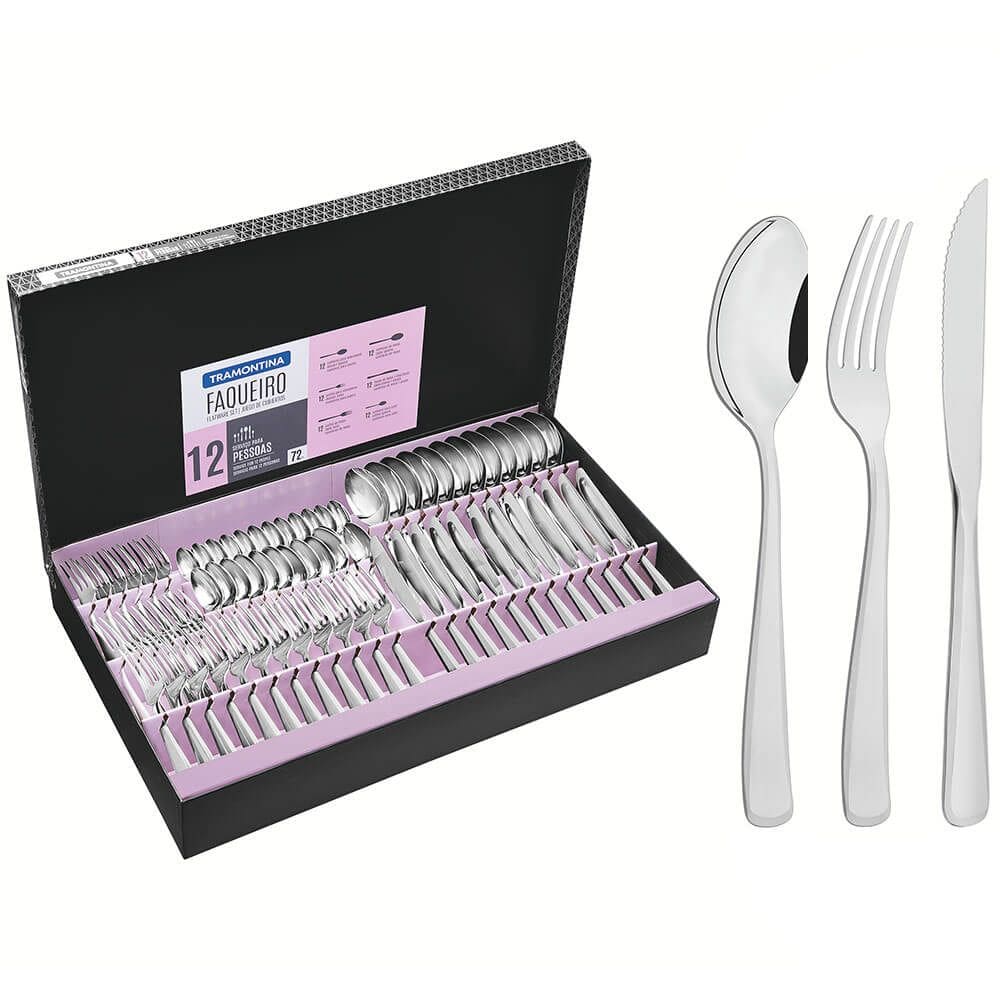 Faqueiro Tramontina Pacific Aço Inox c/ Facas de Churrasco Brilho e Detalhes no Cabo 72 Pçs 66962154