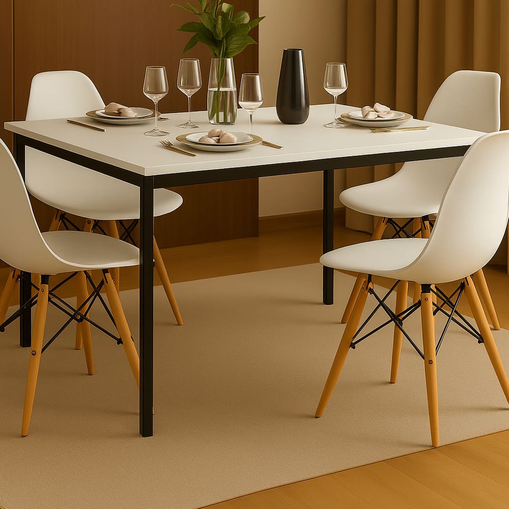 Conjunto Mesa 120x80cm Tampo Branco com 4 Cadeiras Eames Brancas – Design Moderno