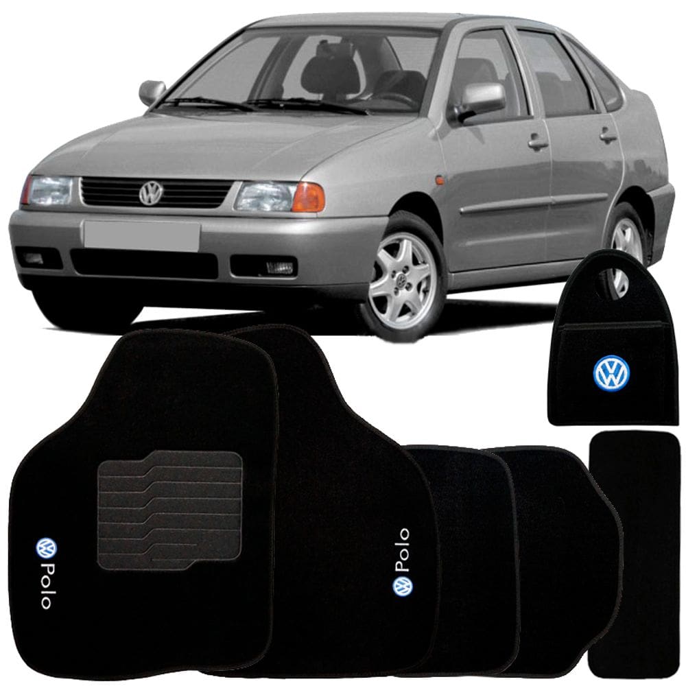 Jogo Tapete Automotivo Carpete + Lixeira Polo Sedan 1997 à 2001 Soft Logo Bordado Preto 6 Peças