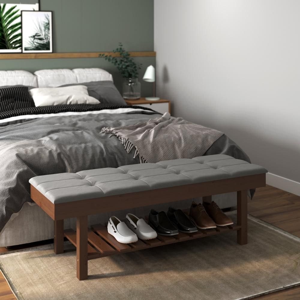 Banco Em Madeira Almofadado Com Sapateira Cinza Pena
