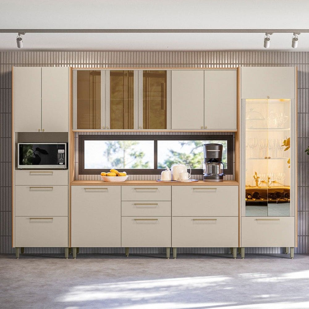 Cozinha Completa Atena 13 Portas 7 Gavetas 100% Mdf com Vidro Jequitibá/Off White - Linea Brasil
