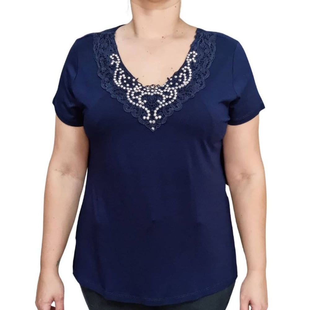 Blusa Feminina MC R & C Rendas e Pedrarias Plus Size