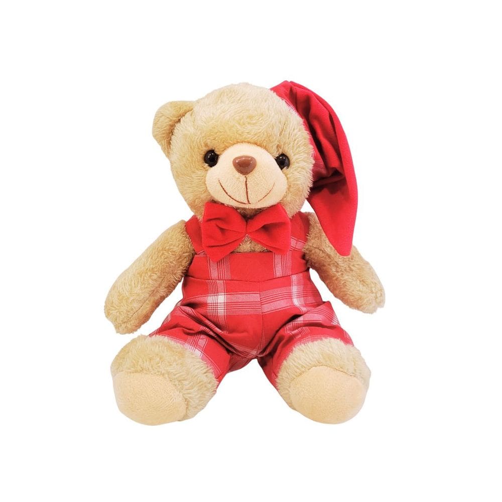 Urso Pelúcia Natalino Prime Roupa Xadrez, Gravata e Gorrinho Vermelho 20cm