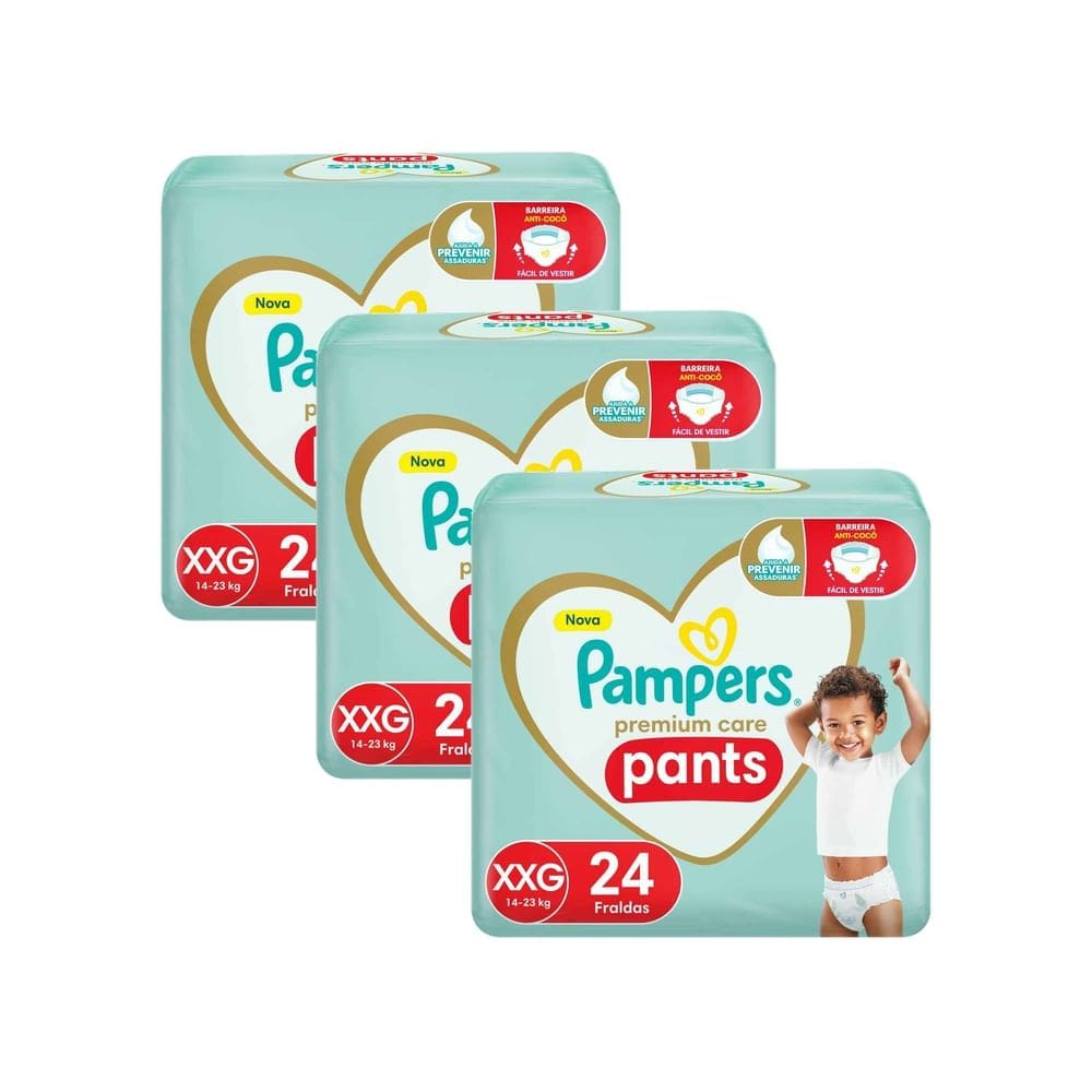 Kit 3 Fralda Infantil Pampers Premium Care Pants Tamanho XXG com 24 Unidades