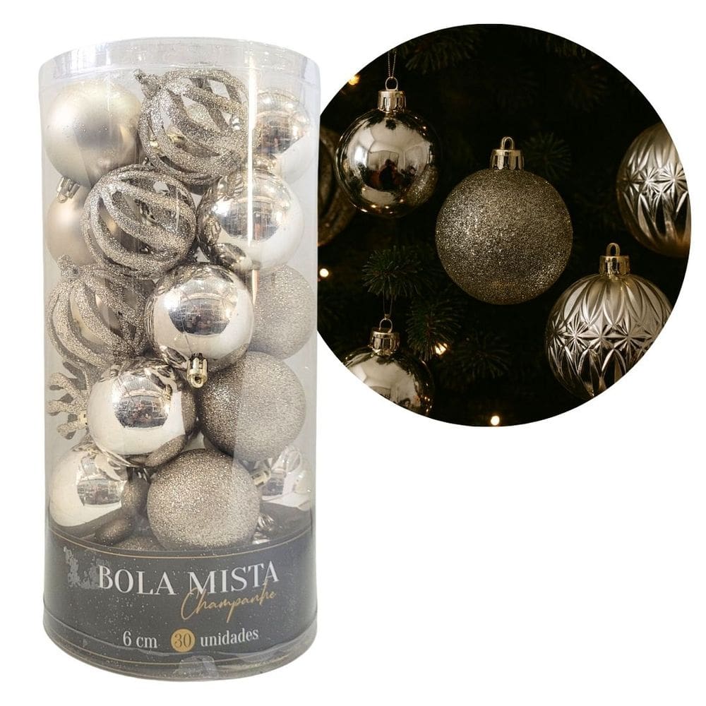 Conjunto 30 Bolas de Natal Champanhe Luxo Multi-Texturas 6cm Glitter, Fosca, Lisa e Vazado Arabesco